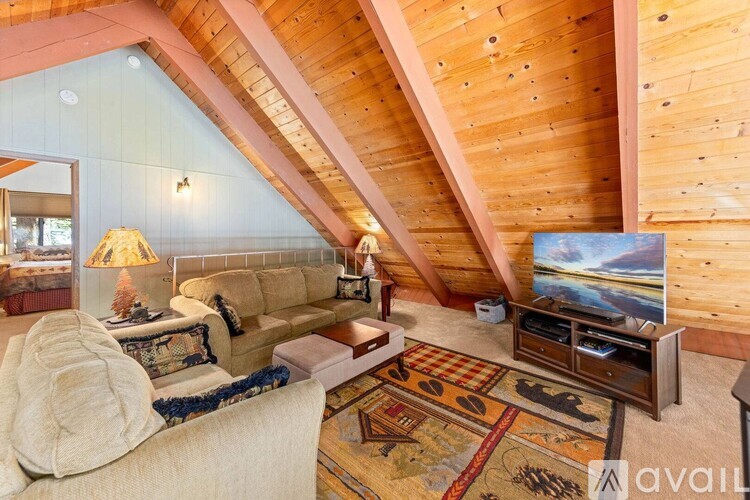 A living room with a couch, a rug, and a television in a house with wooden walls.