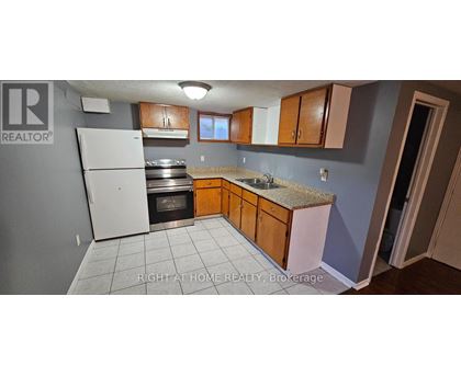 A kitchen with a white refrigerator, wooden cabinets, and a granite countertop.