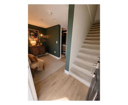 A staircase with a beige carpeted runner leads up to a second floor.