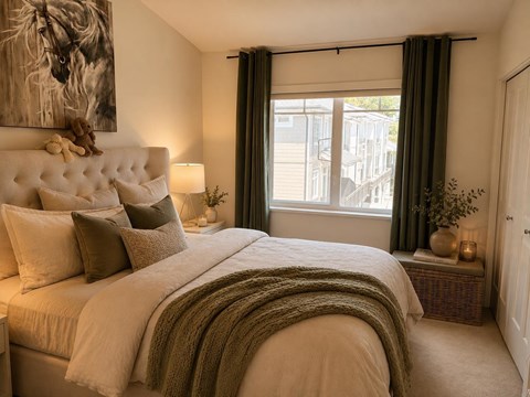 A bedroom with a large bed and a painting of a horse on the wall.