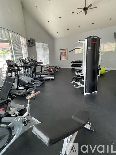 A gym with a row of treadmills and elliptical machines.