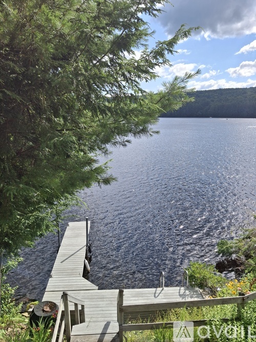 A wooden dock extends into a lake surrounded by trees.