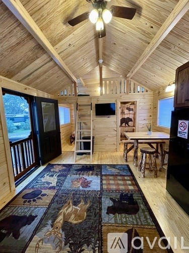A living room with a rug on the floor and wooden walls.