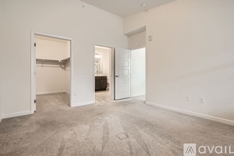 A spacious room with a carpeted floor and two open doors.