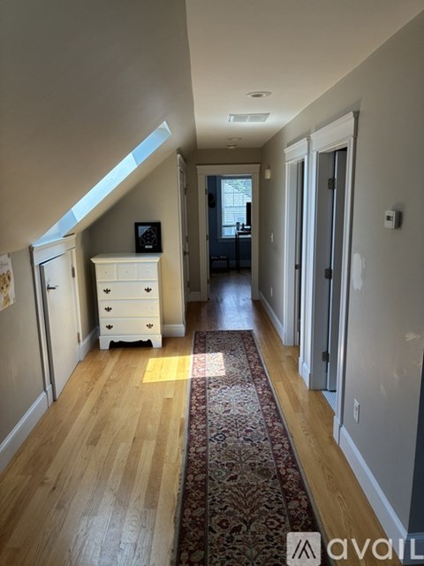 A hallway with a rug and a dresser under a skylight.