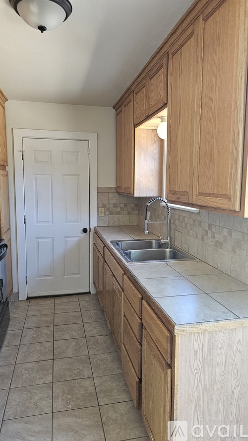 A kitchen with wooden cabinets and a white door.