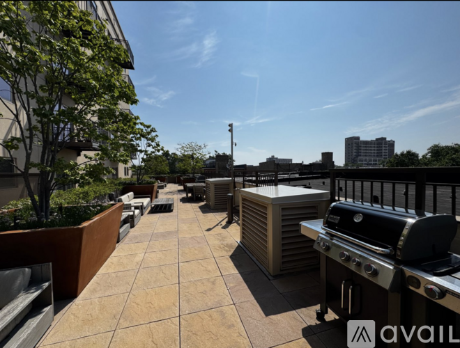 A patio with a grill and a table surrounded by trees.