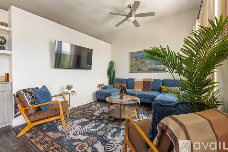 A living room with a blue couch, a wooden chair, and a rug with a pattern.