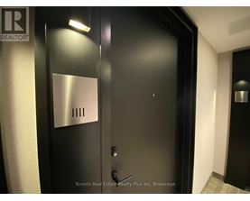 A black door with a silver plate on it.