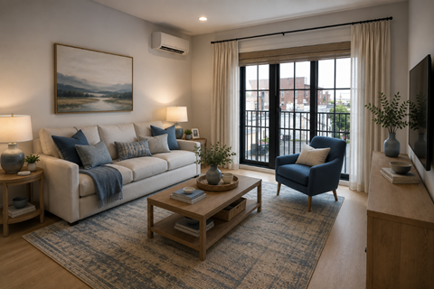 A living room with a couch, chair, and a painting on the wall.