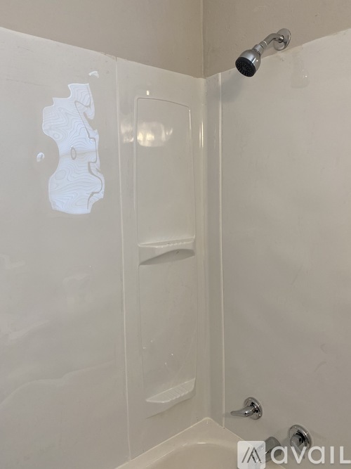 A shower stall with a glass door and a shower head.