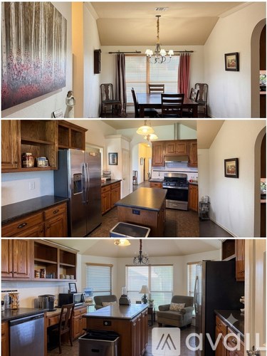 A series of images showcasing a modern kitchen with dark wood cabinets and stainless steel appliances.