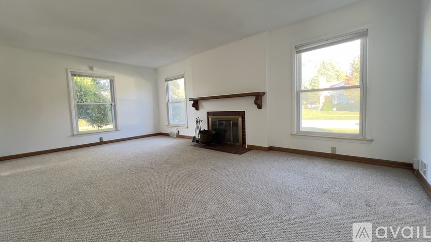 A living room with a fireplace and two windows.