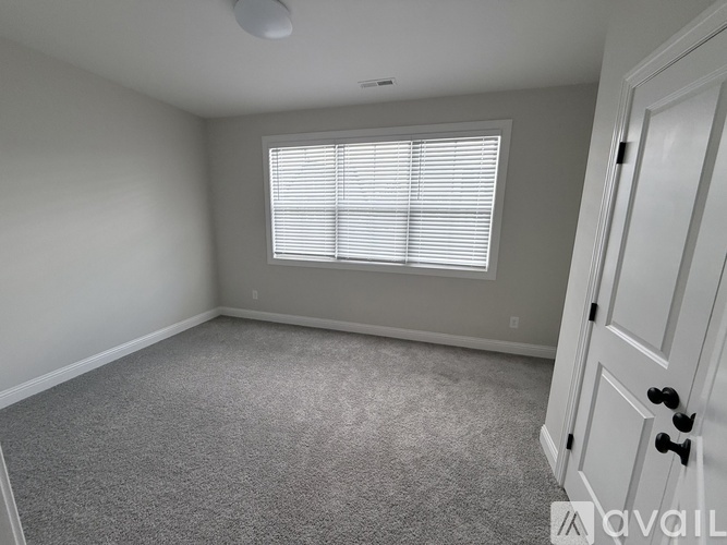 A room with a carpeted floor, a window with blinds, and a door with a handle.