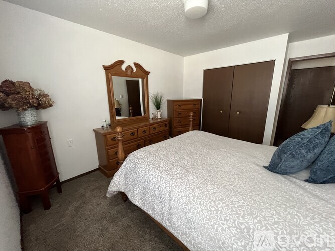 A bedroom with a bed, dresser, and mirror.