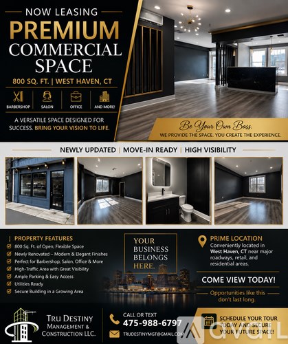 A commercial space leasing advertisement for a 800 sq. ft. space in West Haven, CT.