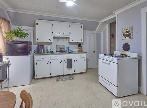 A kitchen with white cabinets and appliances, a dining table with chairs, and a potted plant.