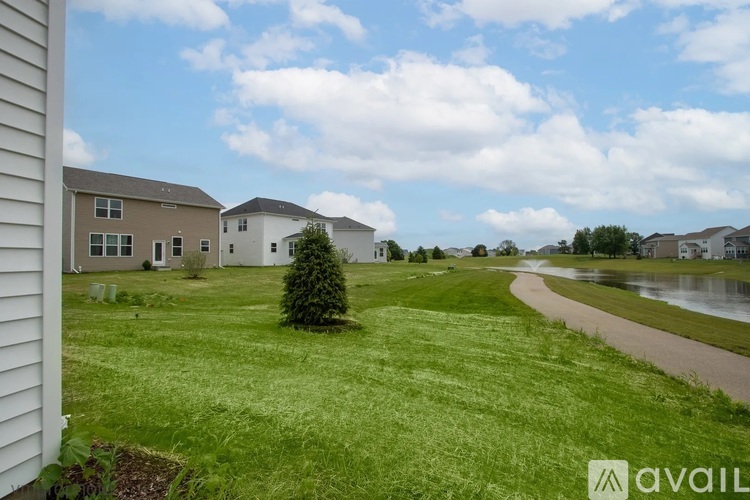 A grassy area with a tree and a path leading to a row of houses.