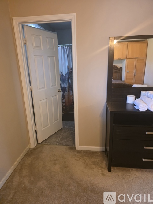 A bedroom with a white door and a black dresser with a mirror.