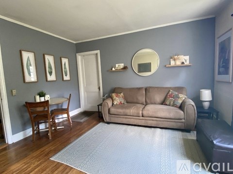 A living room with a couch, a dining table, and a rug.
