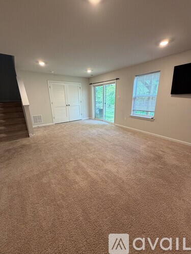 A room with carpeted floor and a window showing greenery outside.