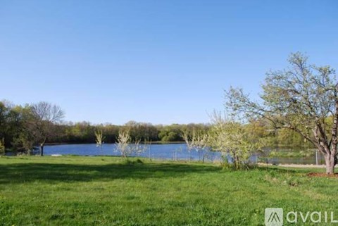 A grassy field with a lake and trees in the distance.