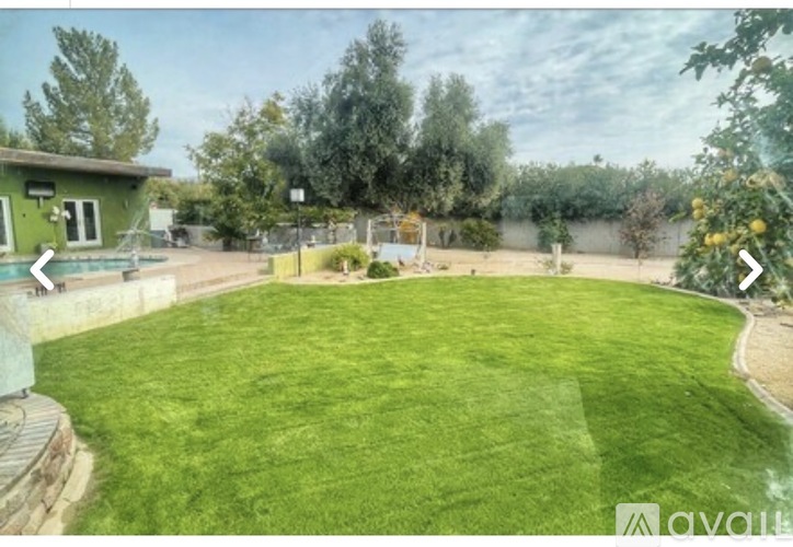A backyard with a green lawn and a playground.
