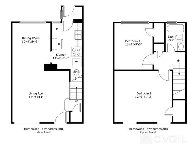 A floor plan for a two-bedroom, two-bathroom apartment with a living room and dining room.