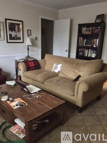 A living room with a couch, coffee table, lamp, and bookshelf.