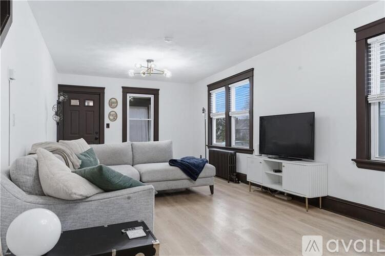A living room with a grey couch and a black television.