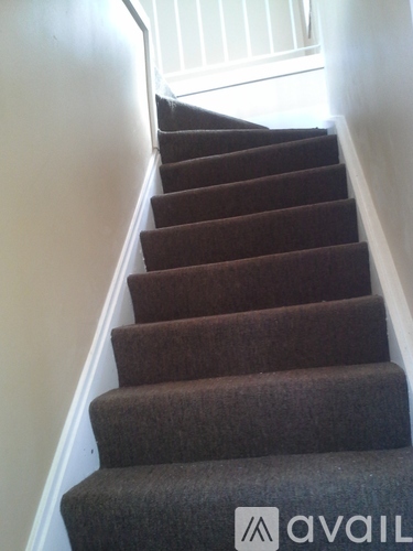 A brown carpeted staircase with a white wall on the left side.