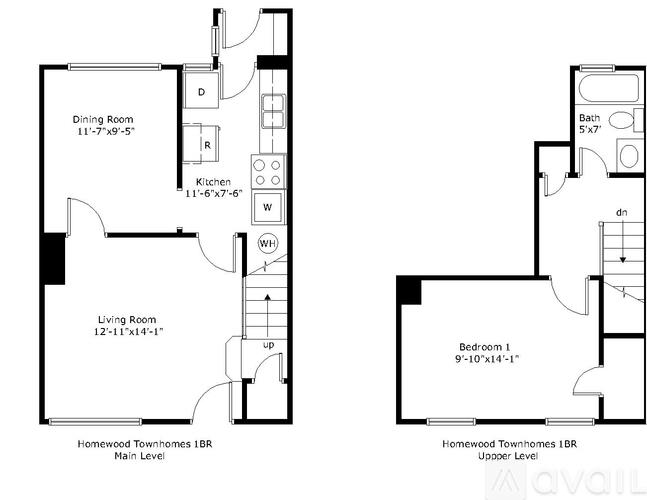 A floor plan of a two bedroom, one bathroom apartment.