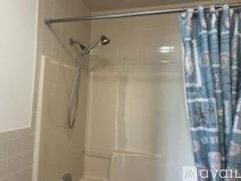 A shower area with a curtain and a shower head.