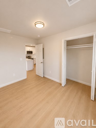 A room with a white door and a white ceiling light.
