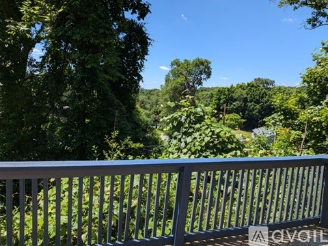 A balcony with a railing overlooks a lush green forest.