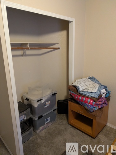 A small closet with a shelf and storage boxes.