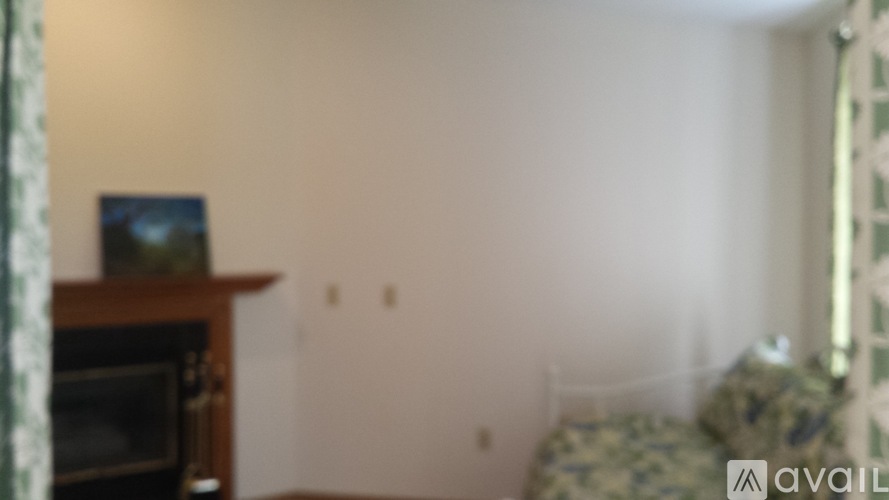 A bedroom with a bed and a fireplace.