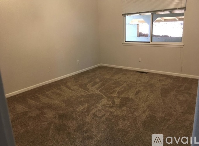 A room with a carpeted floor and a window showing a building outside.