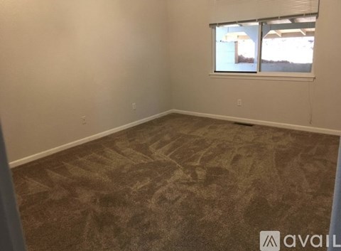 A room with a carpeted floor and a window showing a building outside.