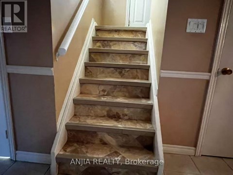 A set of stairs with a beige carpeted runner.