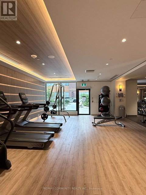 A gym with treadmills, exercise bikes, and weights.