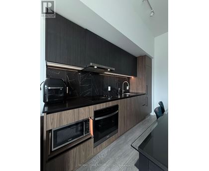 A modern kitchen with dark wood cabinets and black countertops.