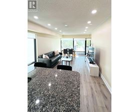 A living room with a black couch and a grey rug.