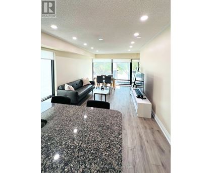 A living room with a black couch and a grey rug.