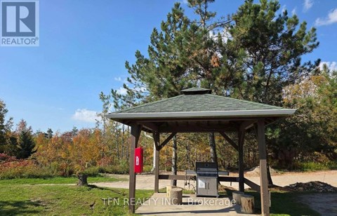 A gazebo with a picnic table and a grill is surrounded by trees.