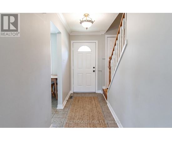 A hallway with a white door and a brown carpet.
