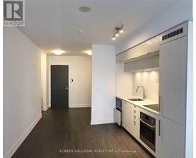 A modern kitchen with white cabinets and a black door.