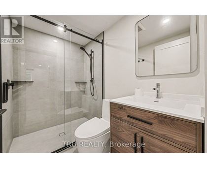 A modern bathroom with a walk-in shower and a double sink vanity.