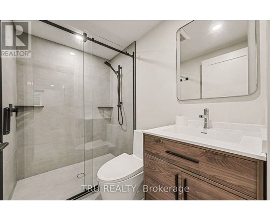A modern bathroom with a walk-in shower and a double sink vanity.