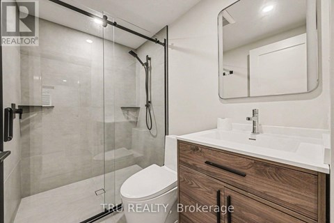 A modern bathroom with a walk-in shower and a double sink vanity.